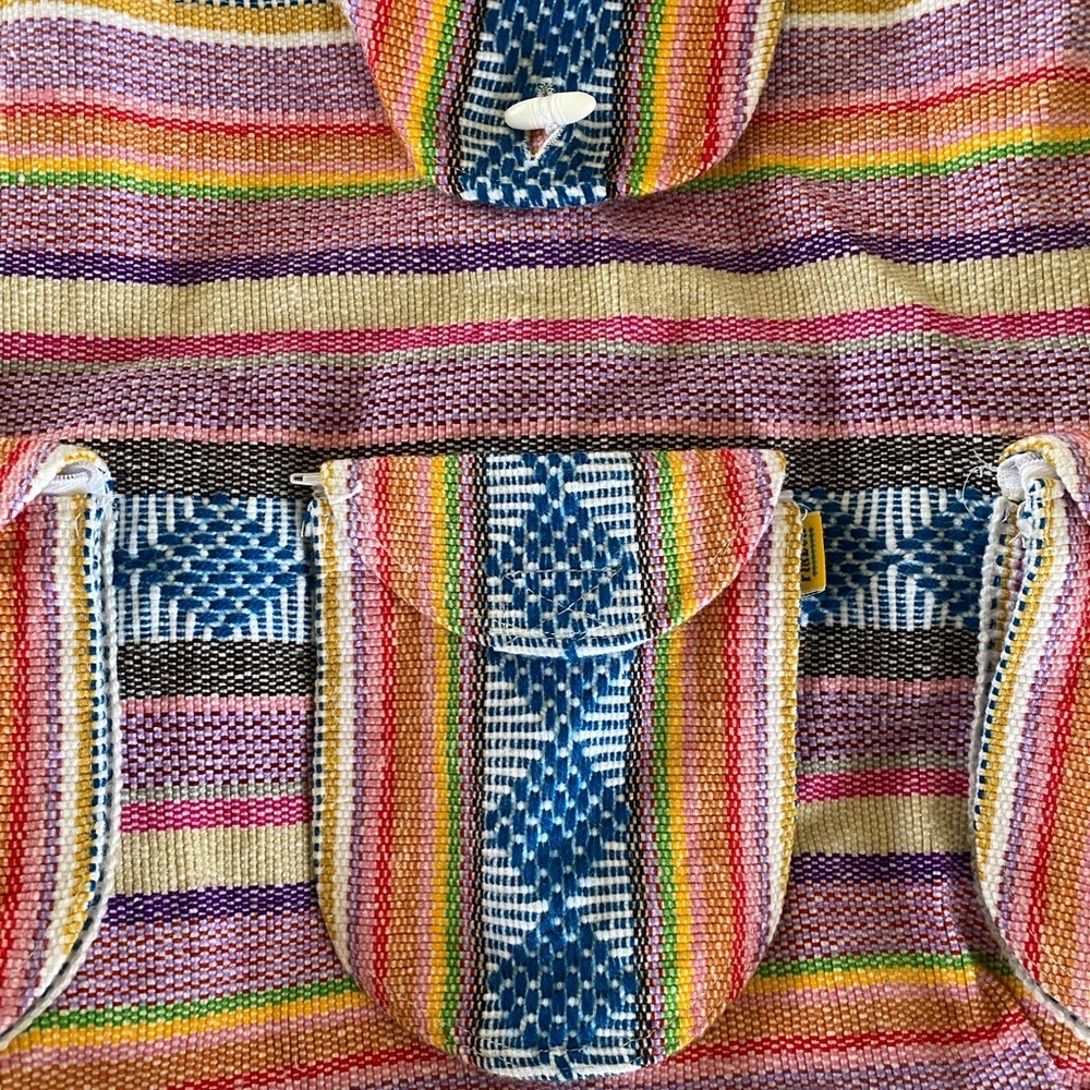Multicolor Woven Baja-Style Backpack with Drawstring, Shell Accent & Pockets - Picture 2 of 8